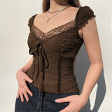 Lace-up Lace Patchwork Y2K Top Short Sleeve Summer Casual Cute Clothes Vintage Tank Tops Coquette T-shirt Women Tees