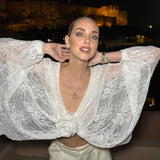 Flower Splice Mesh Shirts For Women Sexy See Through Loose Long Sleeve Crop Tops Hot Girls Club Lace Shirt Lady New