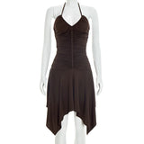 Euramerican Fashion Sexy Low Halter U Neck Sleeveless Dress Y2k Harajuku Punk Slim Waist Pleated Clothes Lrregular French Dress