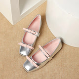 Pbong  PU Leather Bow Tie Shoes Women Black Flats Mary Janes Shoes Ladies Elegant Square Toe Spring Autumn Silver Loafers New