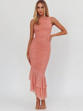 Mesh Backless Ruffle Sexy Maxi Dress Women Gown Two Layer Fabric Fashion Sleeveless Ruched Bodycon Club Long Dress