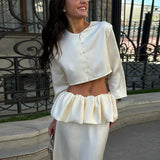 Pbong   Elegant Solid Top Skirt Women's Set Fashion O-neck Button Long Sleeve Blouse Ruffles Skirts Summer Autumn Vacation Lady New