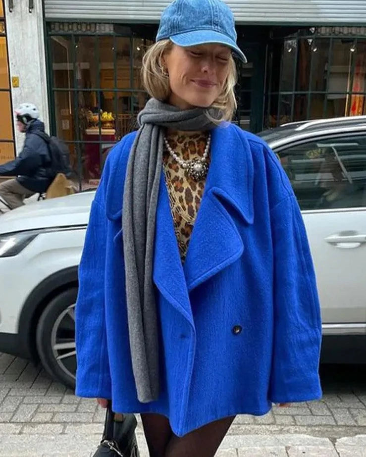 Royal Blue Single Button Turn Down Collar Women Coat Loose Oversize Bomber Drop Shoulder Jacket Fall Winter Chic Streetwear