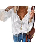Women's Retro Ethnic V-Neck Lace Chiffon Shirt Casual Loose Office Top Spring Fashion Ladies Tops