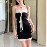 Pbong  Sexy Backless Waistless Drawstring Mini Lace Dresses Summer Women Dress New SKinny High Waist PATCHWORK Fake 2-Piece Sling Dress