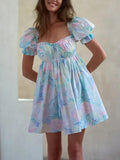 Pbong  Floral Casual Chic Mini Dress Puff Sleeve Blue Summer Backless Sexy Holiday Women Ladies Party Ruffles Dresses Vestido