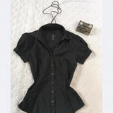 Pbong  Dark Gothic Lolita Slim Women Shirts 2000s Japanese Solid Elegant Tops Y2k Harajuku Vintage Hot Girl Short Sleeve Blouses Summer