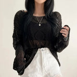 Long Sleeve Crochet Top Cable Knit Summer Beach Bikini Cover Up Crop Pullover Openwork Blouse Women Vacation Boho Outfit