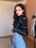 Goth Dark Grunge Black Buckle Y2K T-shirts Women Punk Sexy Open Shoulder Skinny Crop Tops Moto Biker Patchwork Blouses