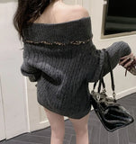 Sexy Off Shoulder Y2K Sweater Women Vintage Leopard Lace Up Knitted Jumper Casual Lazy Wind Long Sleeve Slash Neck Pullover