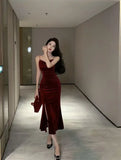 Pbong  French Velvet Strapless Long Dress Women Summer Sexy Tight Fish Tail Gown Slit Bodycon Dress Sleeveless Elegant Evening Gown