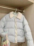 Blue Floral Patchwork Parkas Women Korean Sweet Winter Warm Puffy Coat Casual Long Sleeve Loose Preppy Style Cotton Jacket