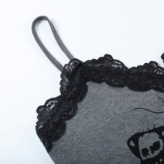 Goth Dark Emo Moth Graphic Gothic Aesthetic Camis Y2k Streetwear Lace Hem Grunge Style Crop Tops Women egirl Fashion Alt Clothes