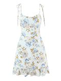 Pbong  Chic Music Festivals Floral Tie Strap Mini Dress for Women Square Collar Slimming Ruffled Hem for Casual Outings