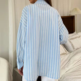 Pbong  Spring Summer New Women Chiffon Blouse Casual Loose Turn Down Collar Classic Striped Shirts Versatile Long Sleeved Shirt