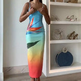 Pbong  Women's Summer Y2K Square Neck Sleeveless Adjustable Straps Sequined Leaves Print Slit Hem Contrast Color Slim Dress