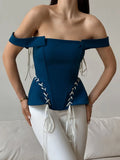 Pbong  Teal Off Shoulder Corset Lace Up Peplum Bustier Top Solid Color Side Summer Chic Sexy Women  Club Date Casual Office Top