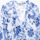 Blue Flower Print Fashion Long Dress Ruffle V-neck Lantern Sleeve Chic Spring Dress With Belt Vacation Beach Vestidos