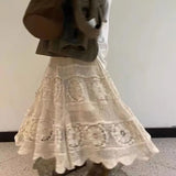 Korean Fashion Skirts Gentle Heavy Industry Vintage French Hollow Out Hook Flower Design Knit Skirt Vintage A-line Skirt