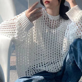 Women Mesh Top Oversized Long Sleeve T-shirts Crew Neck Loose Casual Knit Tees See-Through Openwork Knit Top Women Spring Summer