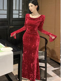 Women Autumn Vintage Velvet Long Sleeve Mermaid Prom Dress French Style Elegant Slim Bodycon Evening Party Clothes Vestidos New