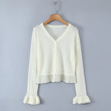 Patchwork Knitting Spring Summer Cardigan Top Women's V-neck Button Solid Casual Thin Jacket Flare Sleeve Ruffle All-match Coat