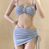 Fashion Sexy Chain Three-Piece Two-Piece Bikini Sexy Lace-Up Small Breasts Gathering Buttock Skirt Swimsuit Women