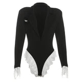 Sexy Deep V Neck Lace Bodysuits For Women Contrast Color Long Ruffled Sleeve Slim Fit Body Top Party Wear Hot Girl Autumn