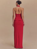 Backless Sexy 2 Piece Sets Women Solid Square Collar Halter Tops And Long Skirt Female Slim Fit Club Two Piece Sets