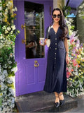 New Red Knitting Long Dress Summer Turn Down Collar Fashion Women Dress Puff Sleeve Single Breasted Elegant Chic Vestido