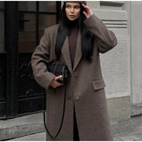 Brown Shoulder Pad Woolen Overcoat Women Elegant Lapel Single-breasted Long Sleeve Coat 2025 Autumn Lady Commuter Outerwear