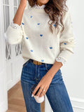 Women's Elegant Heart- Lace Trim Drop Shoulder Sleeve Round Neck Sweater - Soft Pullover with Delicate Lace Accents, All-Season
