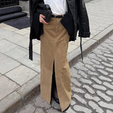 Pbong  New Autumn/Winter Vintage Suede Half Skirt for Women Elegant Commuting Brown Slit Straight Suit Skirt High Waist Long Skirt