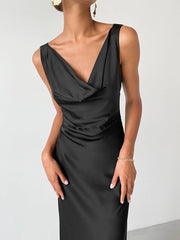 Draped V-Neck Classy Evening Long Dress Women Black Satin Formal Dress Sleeveless Floor-Length Sexy Bodycon Dresses