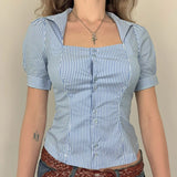 Preppy Stripe Print Blouse Shirt Vintage Puff Short Sleeve Button Down Crop Tops Women Ladies Square Collar T-shirt Y2k Clothes