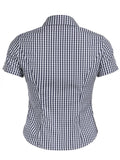 Sweetown American Retro Casual Short Sleeve Plaid Shirts For Women Button Up Turn Down Collar Summer Spring Preppy Tops