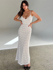 Sexy Solid Lace See Through Women Sling Dresses Fashion Sleeveless Backless Maxi Dress Summer Female Party Club Vestidos