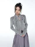 Grey Vintage Zipper Cardigan Women Embroidery Y2k Aesthetic Grunge Sweater Short Jackets Basic Female Slim Knitted Coats Femme