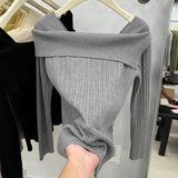 Women Off the Shoulder Sweater Top Ribbed Knit Long Sleeve Pullover Fitted Plain Jumper Ladies Fall Winter Elegant Outfit