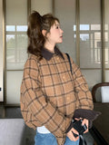 Warm Vintage Plaid Parkas Women Loose Long Sleeve Winter Thick Cotton Coat Korean Casual Pockets Cute Sweet Jacket Tops New