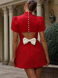 Pbong  Elegant White Bow Mini Skirt With Half-High Neck And Three-Dimensional Bow Back Hollow Short Dress Summer Party Women's Dress