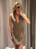 Pbong  Striped Pullover Deep V-Neck Sleeveless Mini Dress Bodice Short Length Silhouette Spring Chic Elegant Office Women Vestido