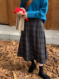 Pbong  Japanese Vintage Long Skirts Woolen Fabric Pleated Patchwork Plaid High Waist Skirt Autumn Winter New Slim Women's Clothing