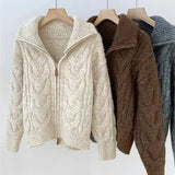 Women Autumn Winter New Lazy Style Loose Knitted Cardigan Retro Solid Color Double Zipper Turn-down Collar Sweater New Women Top