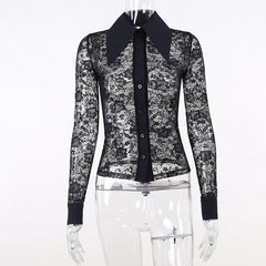 Gothic Vintage Lace Blouse Top Women See Through Long Sleeve Slim Skinny Shirt Sexy Elegant Aesthetic Basic Shirts Tops