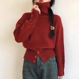 Turtleneck Sweater with Buttons Decor Funnel Neck Pullovers Grey Jumper for Women Ladies Cosy Autumn Winter Casual Outfit