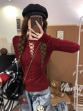 Half Lace Up Sweater for Women Long Sleeve Slim Fit Knitted Tops Pullovers Femal Lace-up Jumper Autumn Winter Y2K Outfit