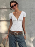 V Neck Short Sleeve T shirt For Women Lace Splice Puff Sleeve Top Slim Buttons Short T shirt Solid Sexy Hot Girl Tanks