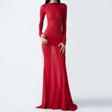 Pbong  Women See Through Mesh Long Dress Long Sleeve Tie-Up Backless Bodycon Dress Evening Party Sexy Dress Beach Cover-ups