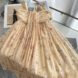 Pbong   Yellow Stretch Floral Sleeveless Dress for Women Summer Beach Sexy Spaghetti Strap Pleated Mini Dresses Vestidos Mujer New